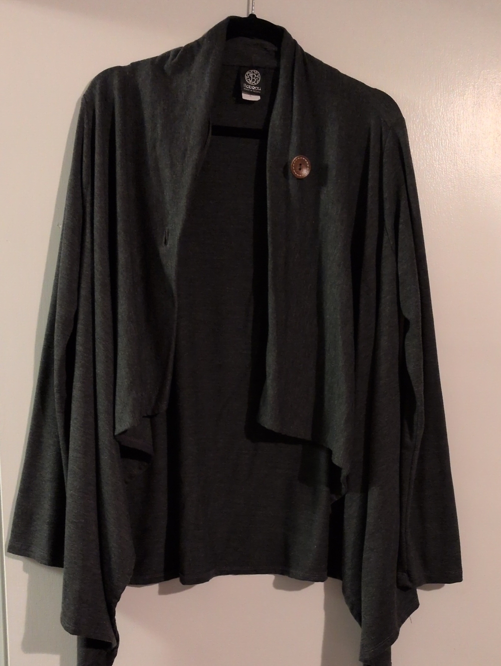 bobeau Dark Gray Draped Open-Front Cardigan with Button Detail